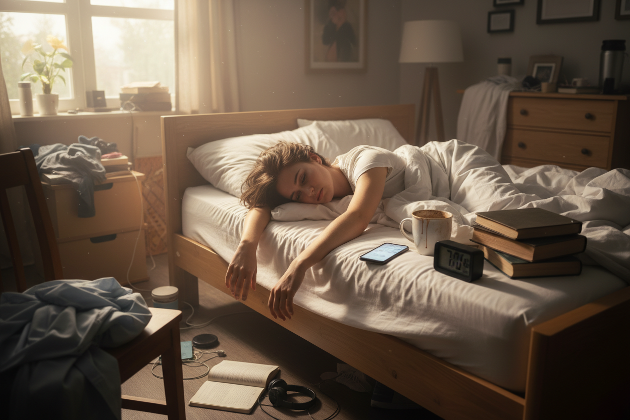 A realistic indoor morning scene showing a young adult lying in bed, visibly tired and mentally drained. The person reaches for their smartphone on a cluttered nightstand (coffee mug, alarm clock, unread books), bathed in soft morning light from a nearby window. The atmosphere should convey a sense of inner resistance, exhaustion, and mental fog. Facial expression is passive, eyes barely open, capturing the daily struggle to start the day. The room has a lived-in, slightly chaotic feel — not dirty, but clea
