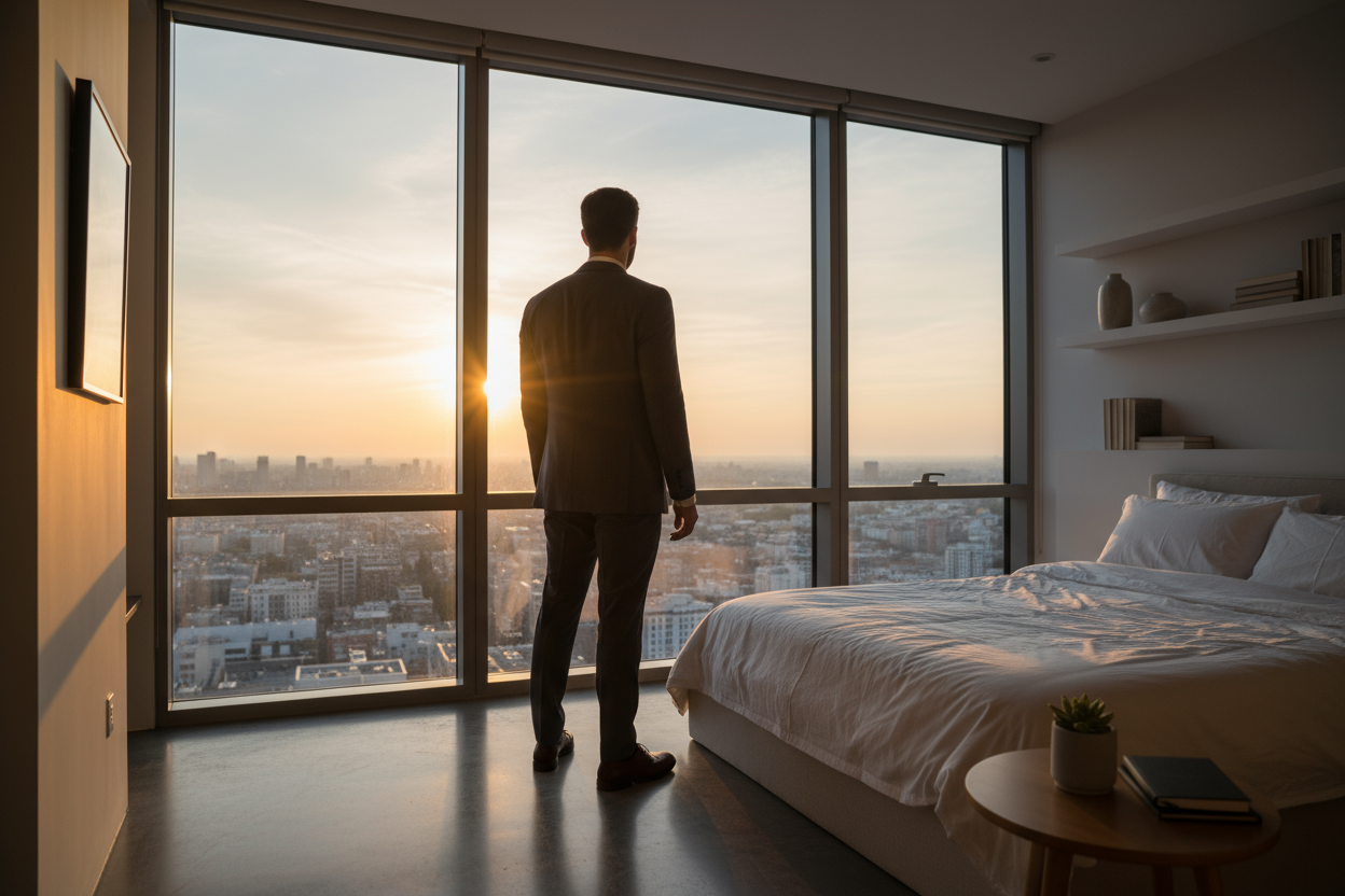 A young adult stands in front of a large window in their apartment, dressed and ready, looking out over the city or skyline at sunrise. The back is slightly turned to the camera, posture upright and grounded. The room behind them shows signs of morning discipline — made bed, tidy space, minimal distractions. Light streams in through the window, casting subtle shadows across the floor. No phone, no chaos — just a moment of focused stillness before action. The scene communicates clarity, readiness, and self-c