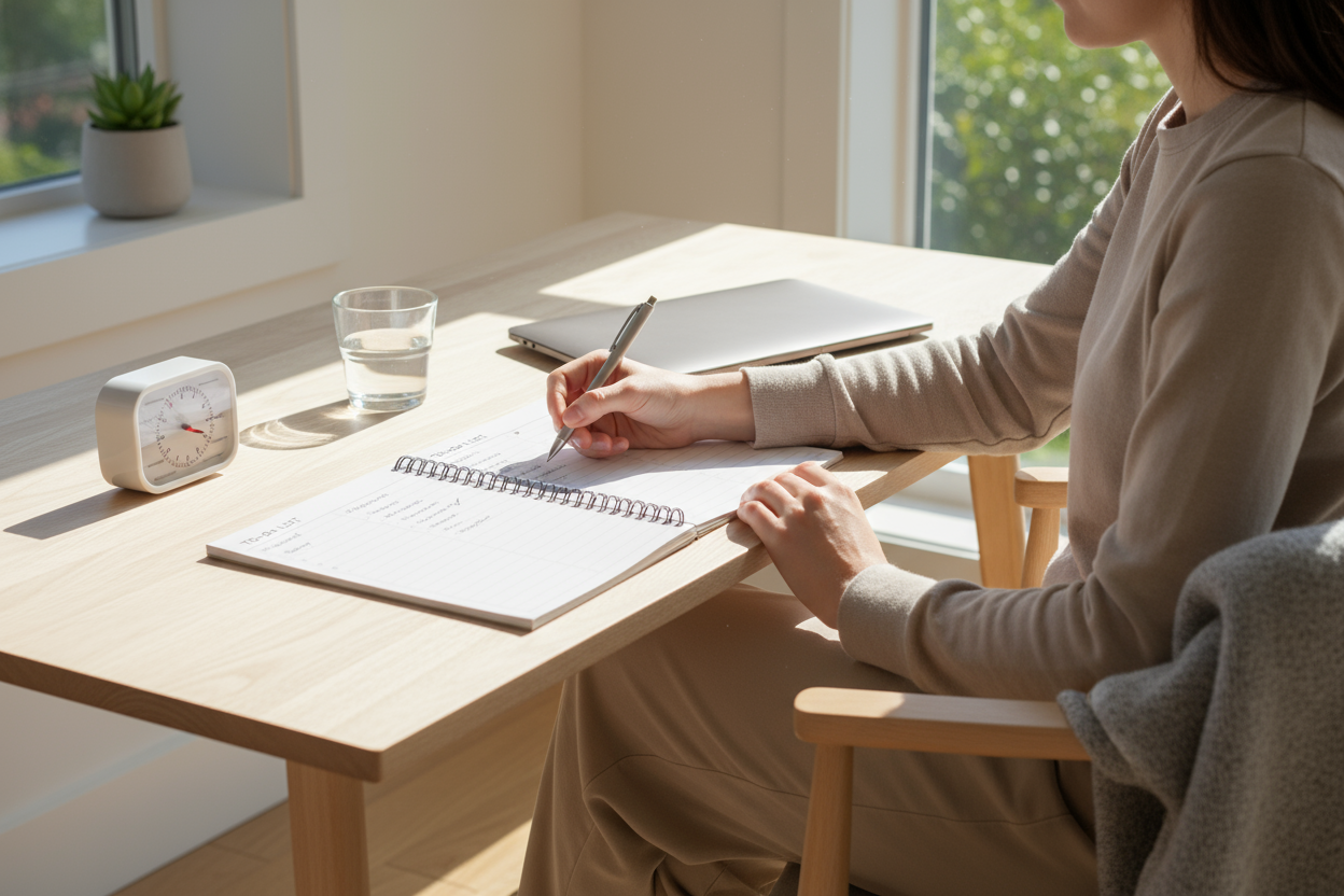 Bright minimalist workspace with a focus on clarity and structure. A person sits at a clean wooden desk, writing in a notebook with clear, organized bullet points and a to-do list. Next to the notebook: a small kitchen timer, a water glass, and a closed laptop. Natural daylight streams through a nearby window, casting a calm, motivating light across the scene. The mood is focused but realistic — not overly polished, just intentionally gestaltet. Small details suggest routine: a folded blanket on a chair, po